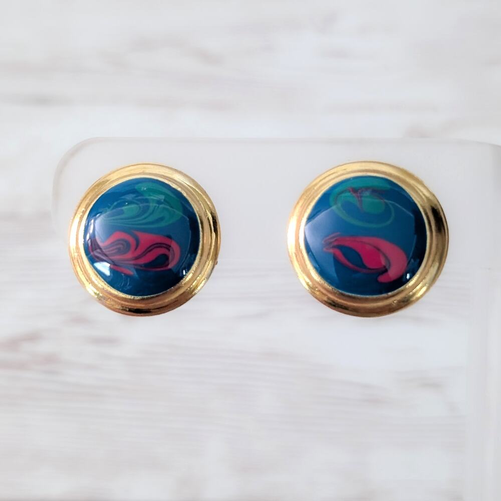 Vintage Stud Earrings Teal, Green, Red, Gold Tone Stylish 0.75"